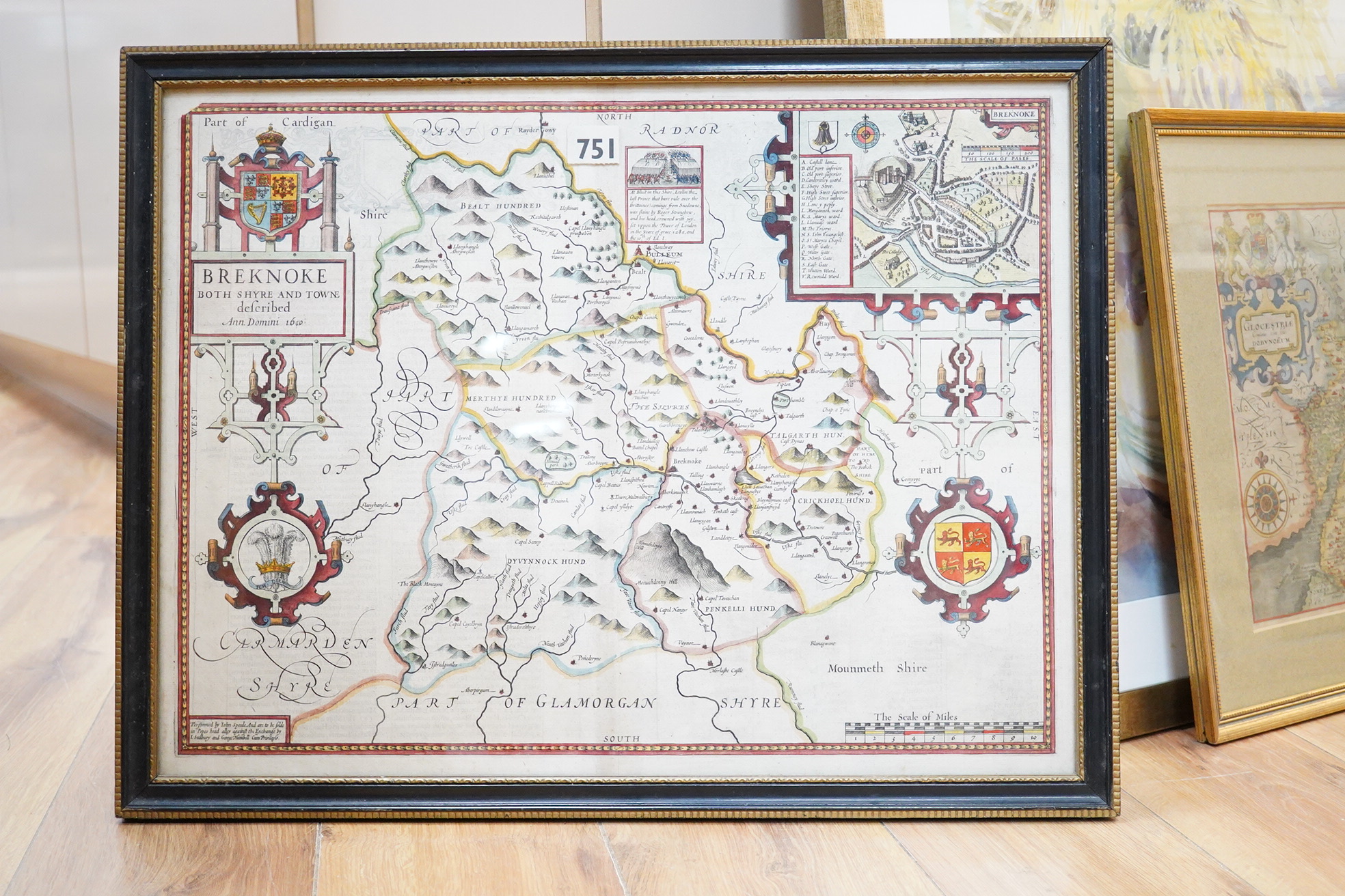 Two framed 17th and 18th century maps; a John Speede map of Breknoke, together with a William Hole map of Gloucestershire, larger 41 x 53cm